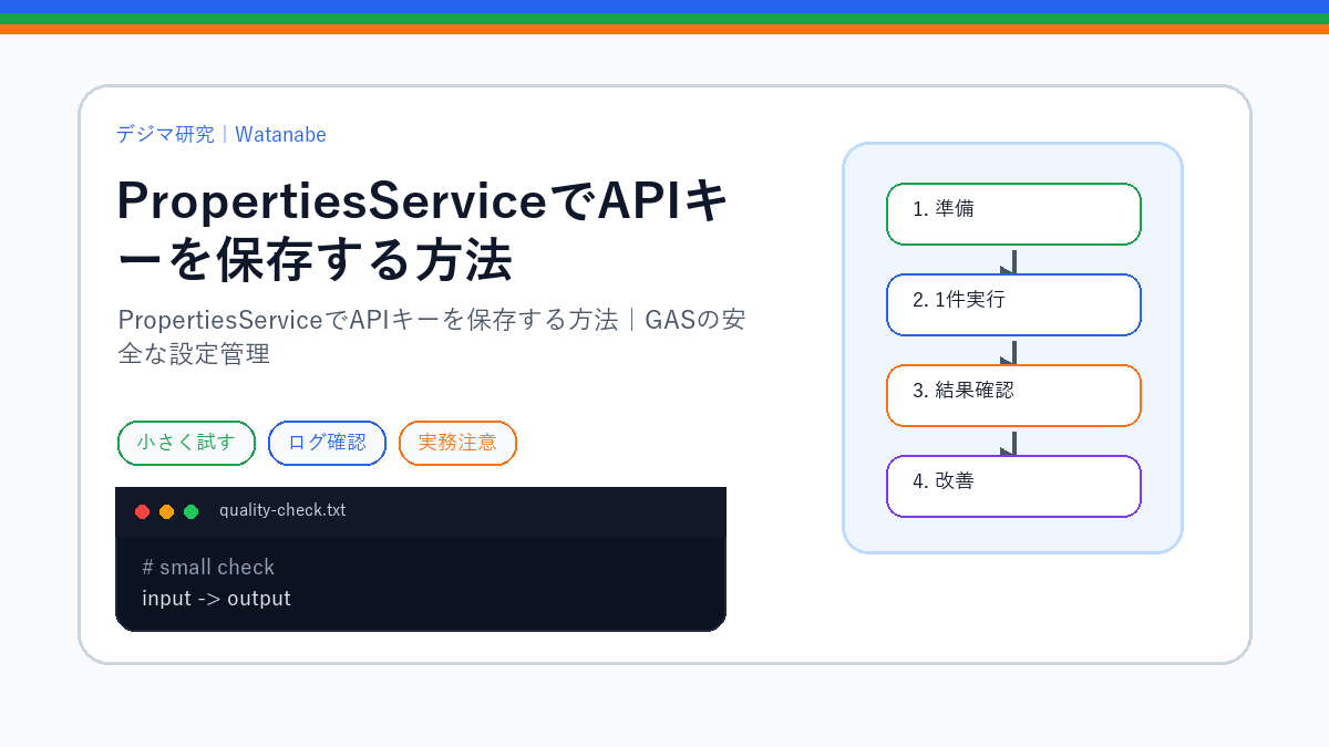 PropertiesServiceでAPIキーを保存する方法｜GASの安全な設定管理のS品質版アイキャッチ