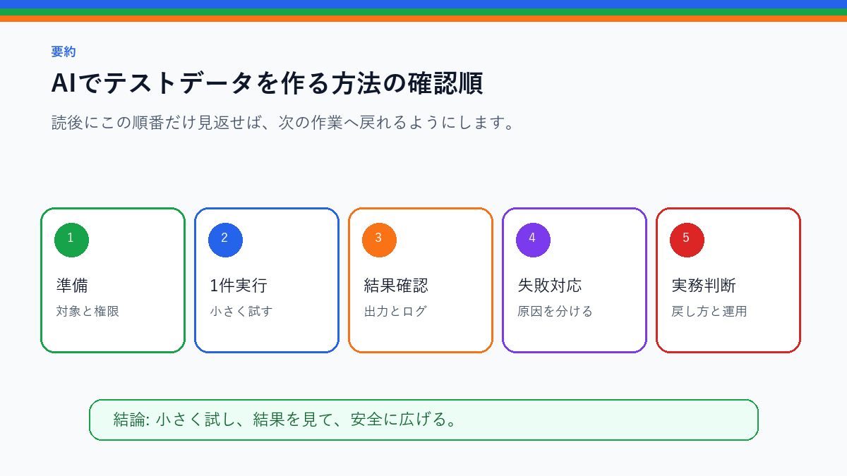 AIでテストデータを作る方法|個人情報を入れずに検証するを実務で使う前の確認順を整理したS品質要約図
